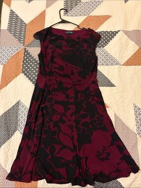Lauren Ralph Lauren Burgundy & Black Floral Fit-and-Flare Midi Dress